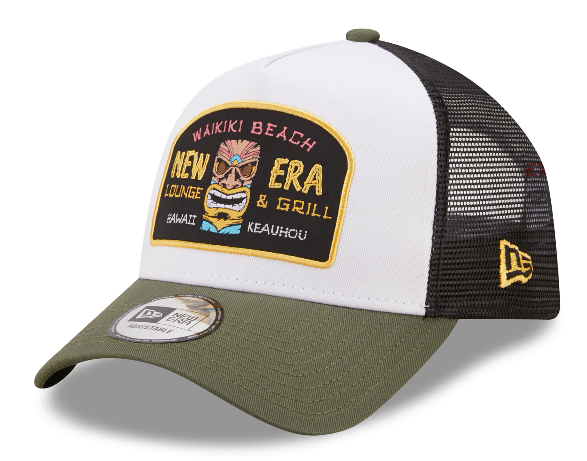 New Era Location Icon Trucker Cap Olive Waikiki Beach 22005