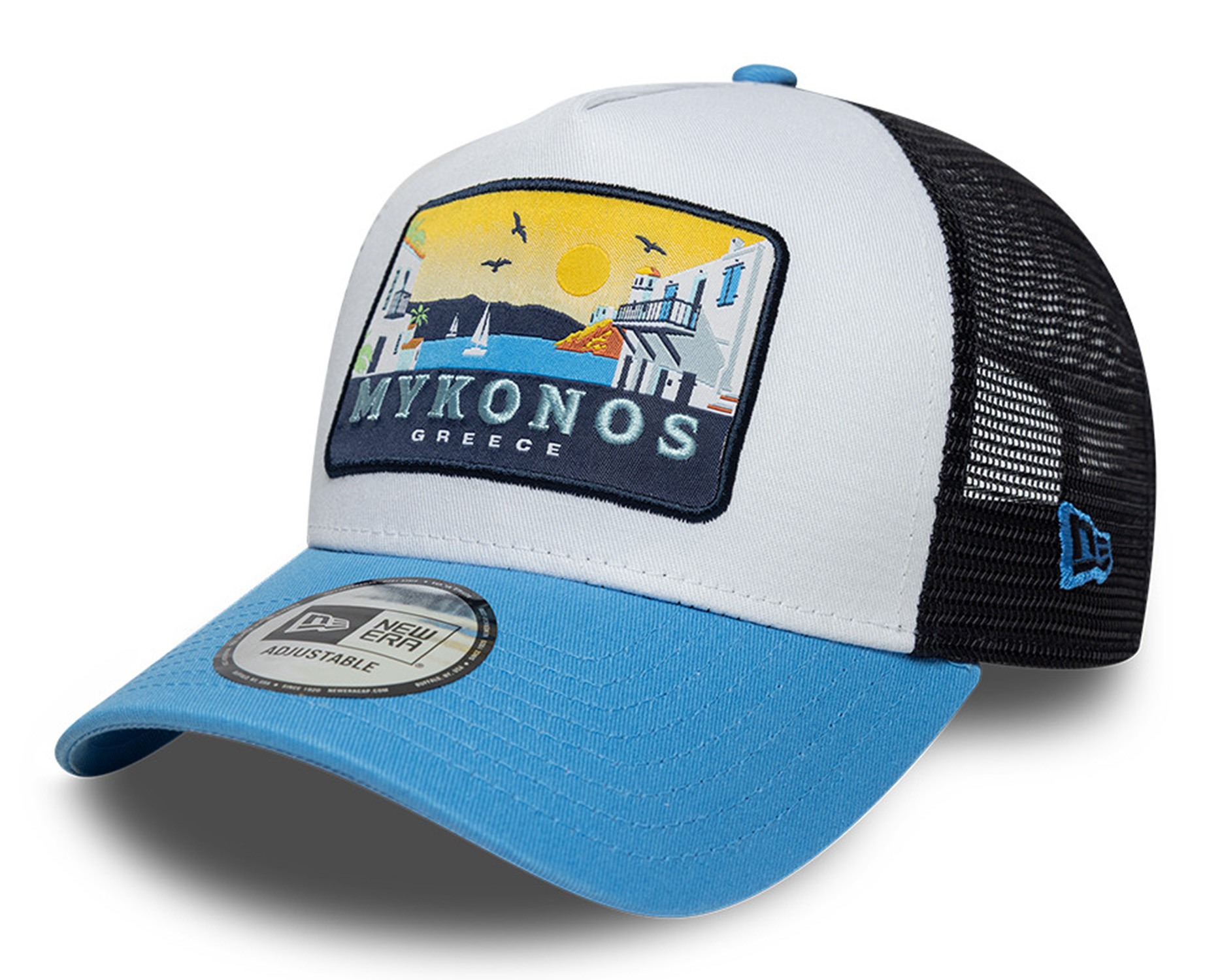 New Era Location Patch Trucker Cap Mykonos Blau 26128